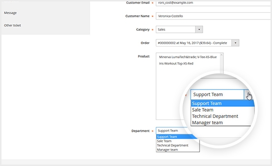 Assign tickets to departments by Magento 2 help desk system