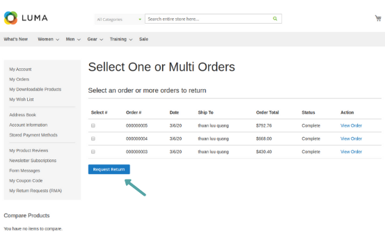 magento 2 rma extension select multiple orders to return