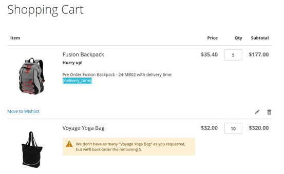 Magento 2 pre order note on the shopping cart