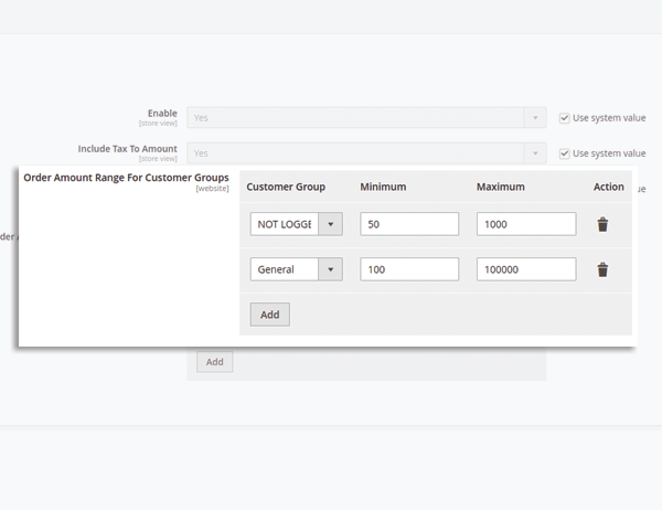 magento 2 set max min order amount for customer groups
