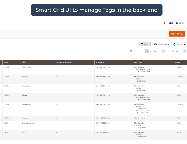 Magento 2 product tags smart Grid table