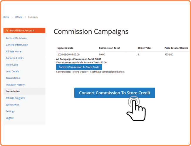 magento 2 convert affiliate commission to store credits
