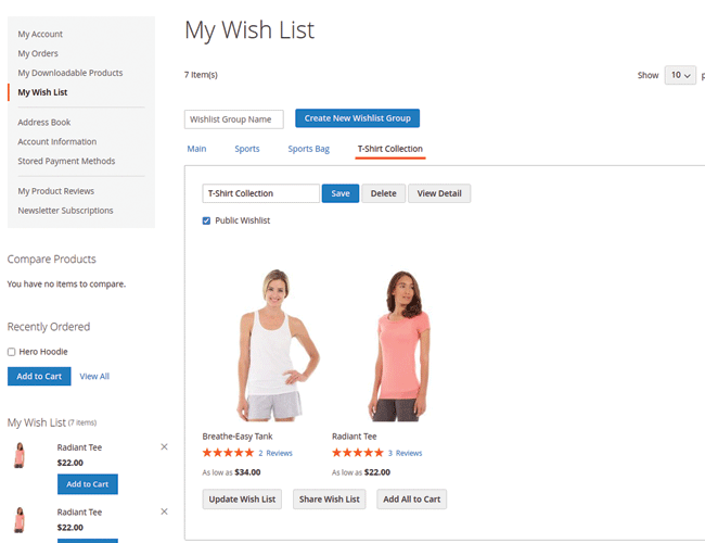 multiple options to manage wishlists in magento 2