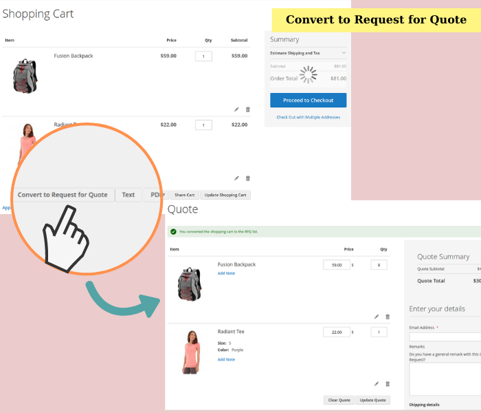 magento 2 quote convert items in cart to request for quote