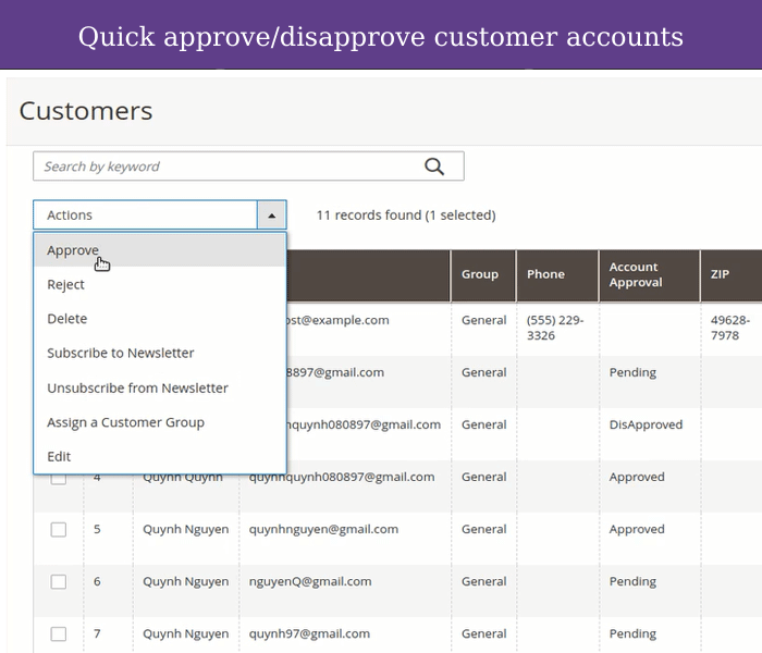 magento 2 customer approval quick approve disapprove on grid