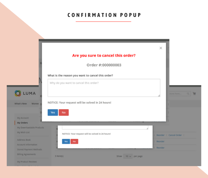 Magento 2 cancel order confirmation popup for comment reason