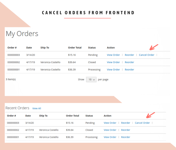 Magento 2 cancel order from frontend by customers