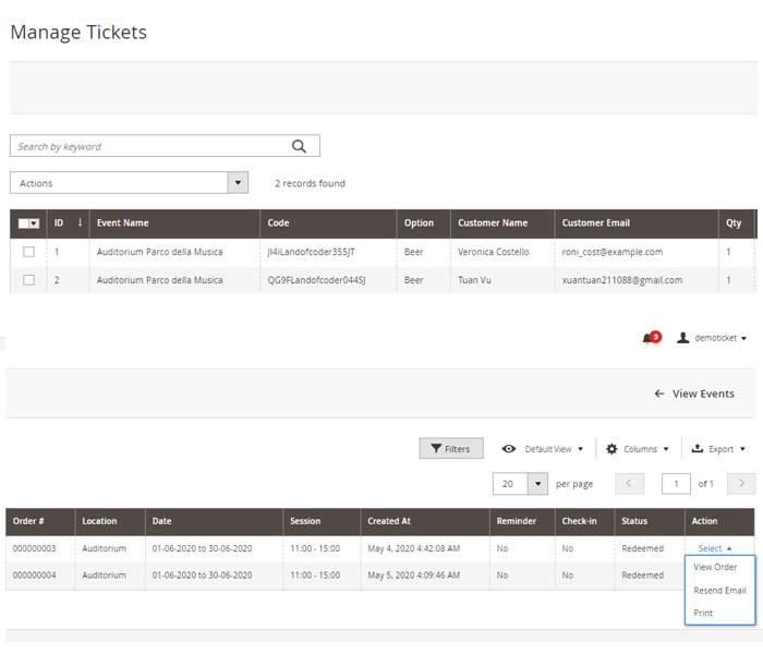 magento 2 event tickets - manage event tickets