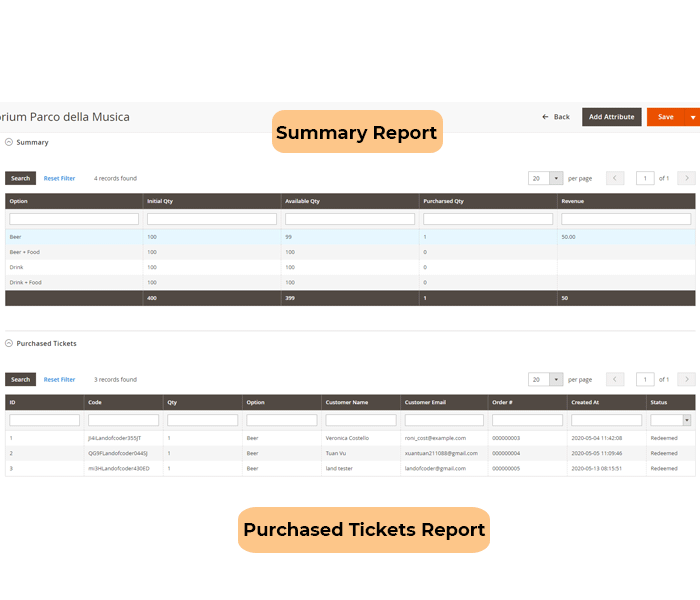 magento 2 event tickets - check ticket report of events