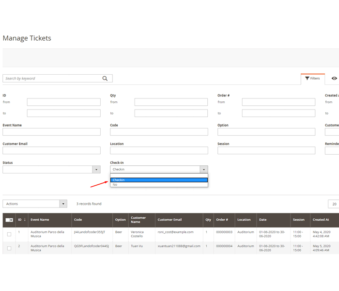 magento 2 event tickets - manage event attendees via check-in tickets