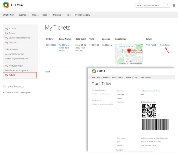 magento 2 event tickets - track purchased tickets via ticket link