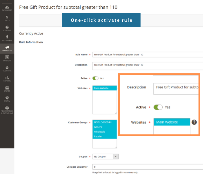 magento 2 free gift extension one click activate rule